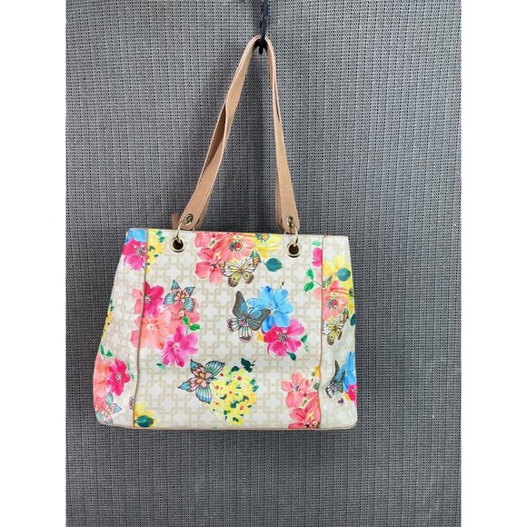 Bueno Floral & Butterfly Print Tote Bag With Tan Handles & Multiple Compartments - Picture 4 of 12